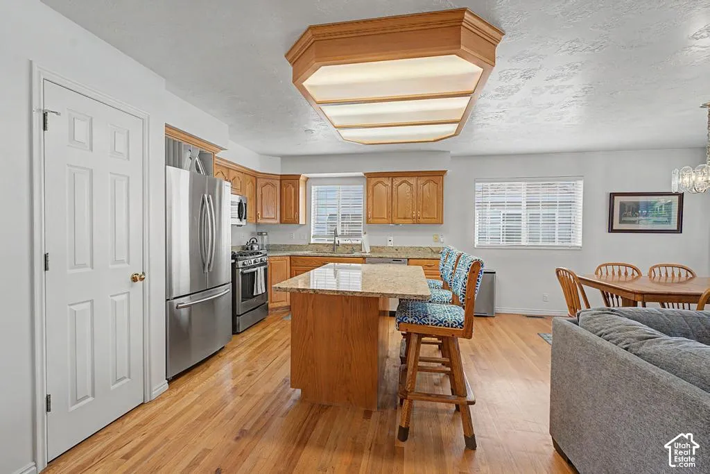 Kitchen featuring hardwood floors, stainless steel appliances, wood cabinetry, a center island with a stone-finish countertop, and an overhead lighting fixture