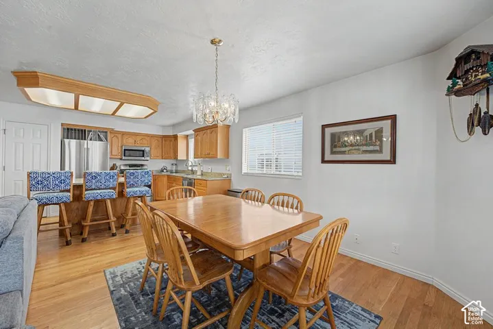 Open concept living area with hardwood floors, a kitchen featuring stainless steel appliances, and wood cabinetry