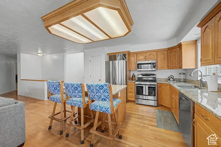 Kitchen featuring wood cabinetry, stainless steel appliances, granite countertops, a center island with seating, and wood flooring