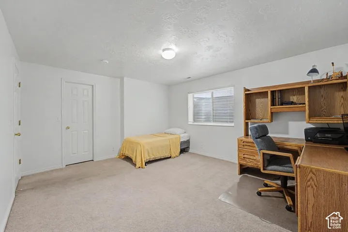 Carpeted room with white walls and a single window.