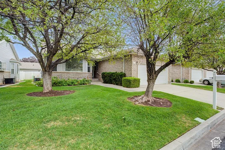 Brick exterior with white garage doors, mature front yard trees, and a concrete driveway