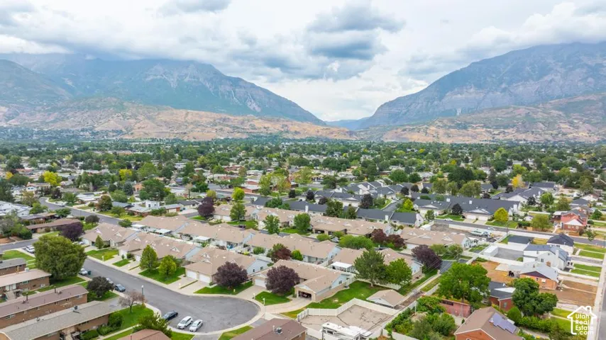 Expansive residential area with mature trees and mountain scenery
