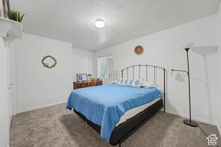 Neutral-toned carpeting, white walls, and a window with blinds providing natural light