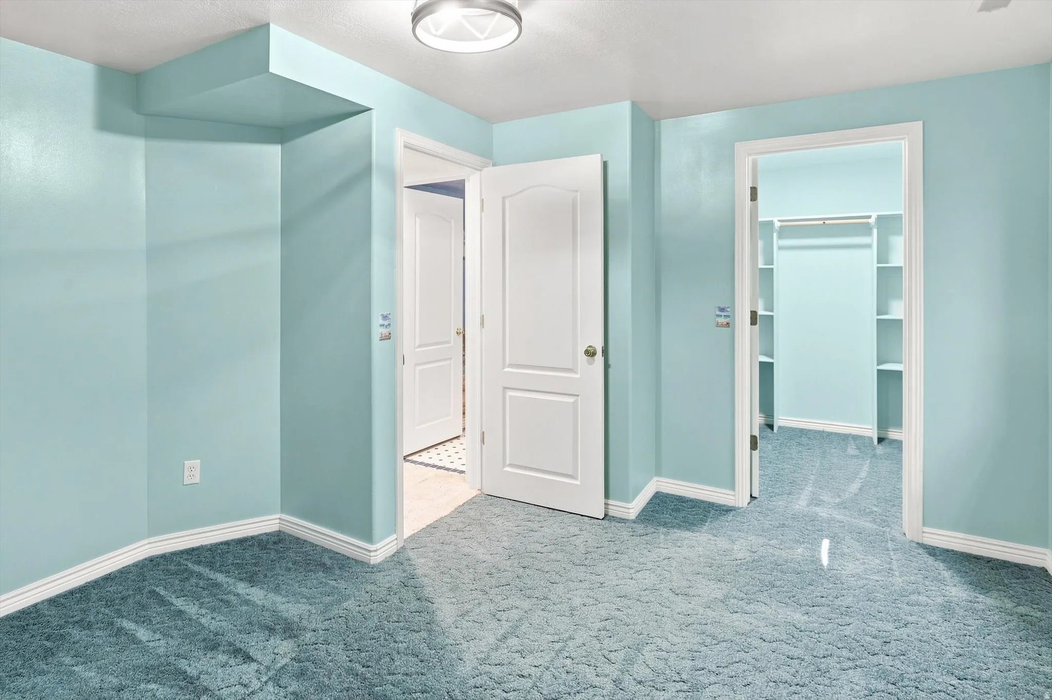 Wall-to-wall carpeting with built-in shelving and a flush mount ceiling light