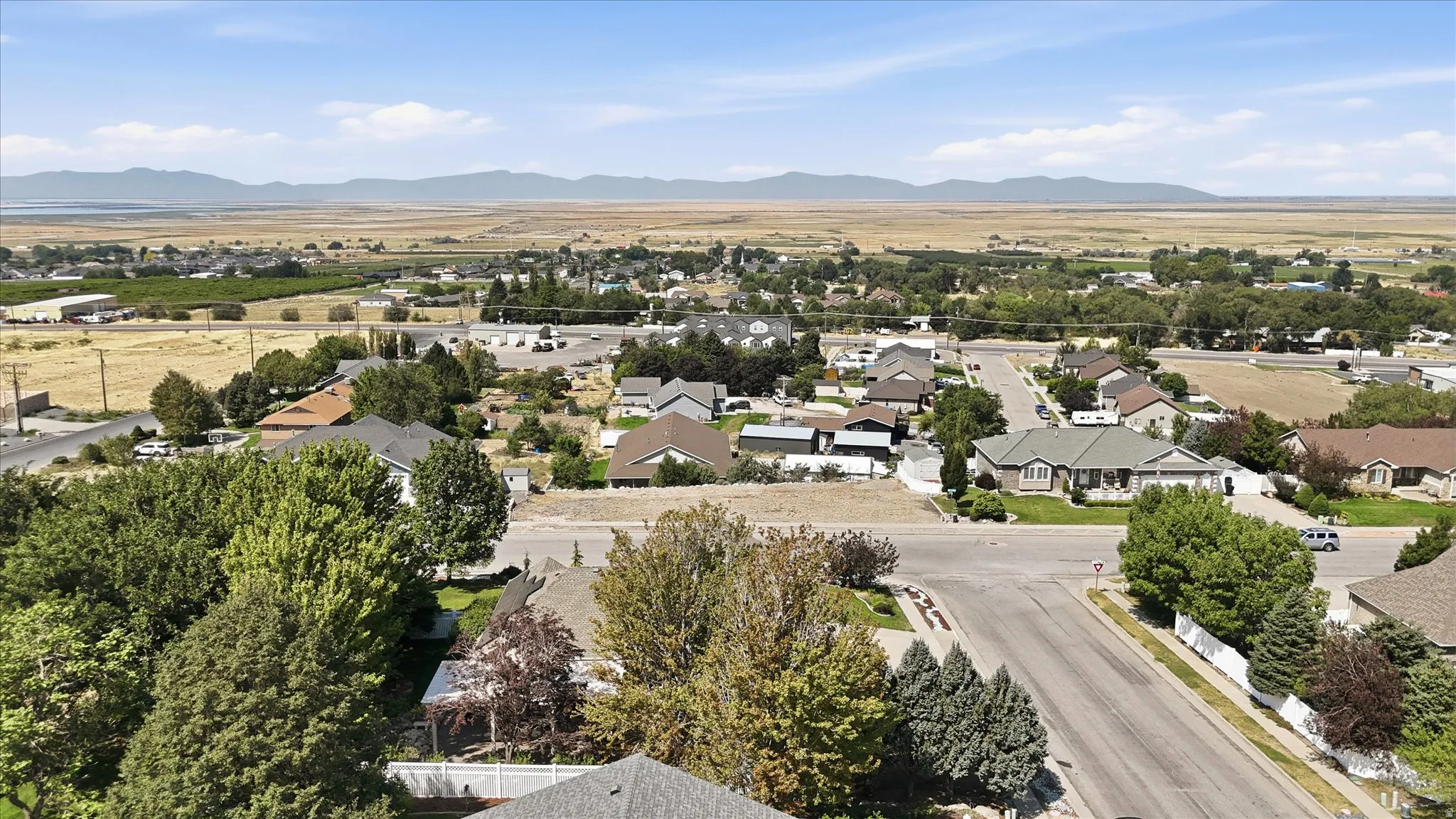 Expansive rural landscape with distant mountains, featuring a residential neighborhood with mature trees and paved streets