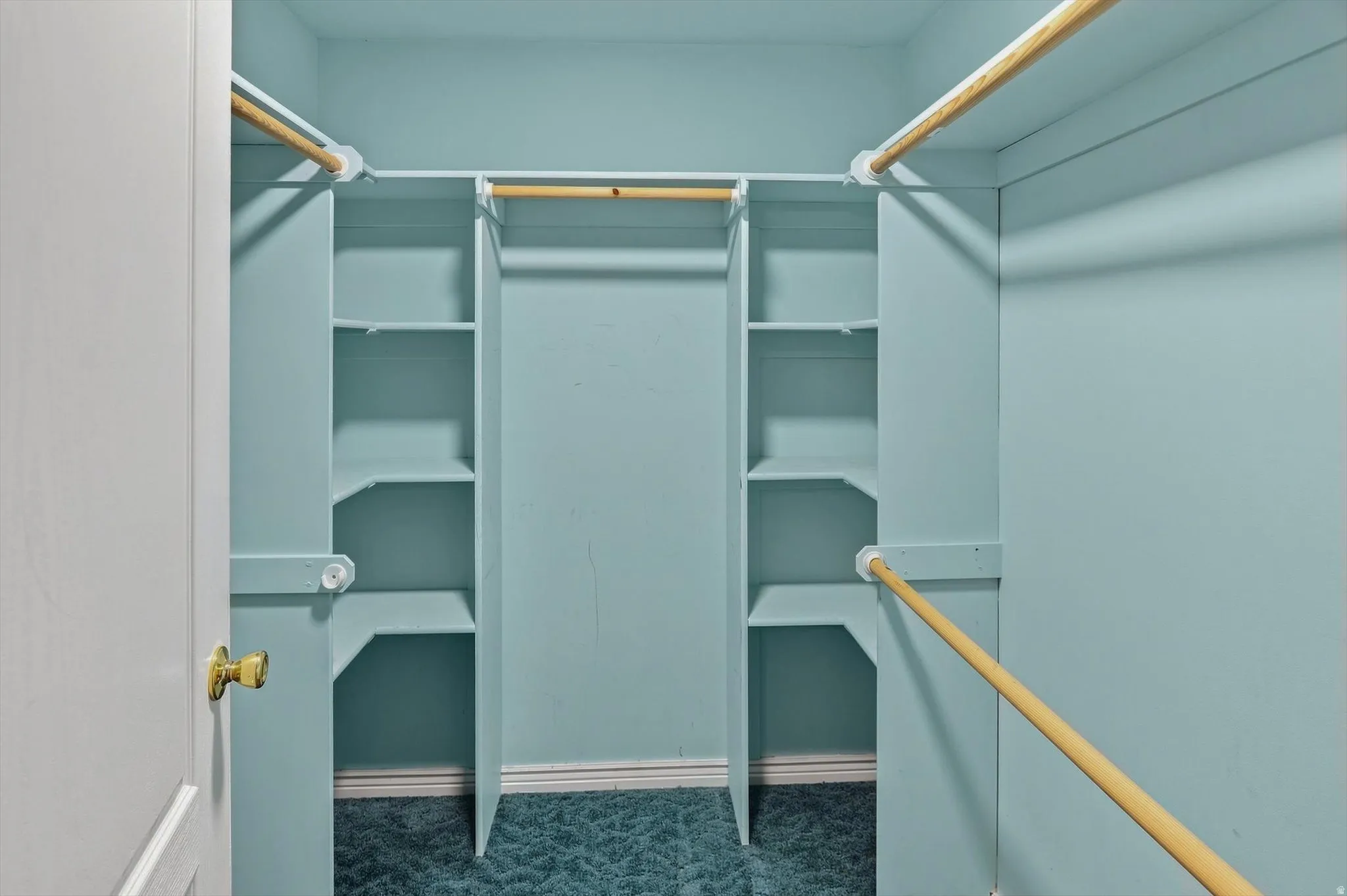 Built-in shelving, multiple hanging rods, and patterned carpet flooring
