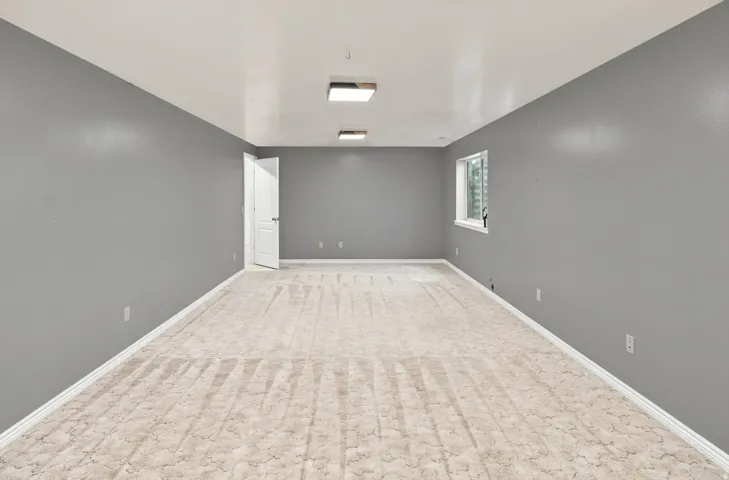 Spacious room featuring neutral carpeting, a white interior door, and a single window