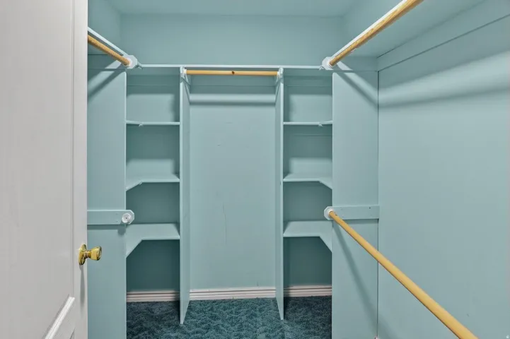 Built-in shelving, multiple hanging rods, and patterned carpet flooring