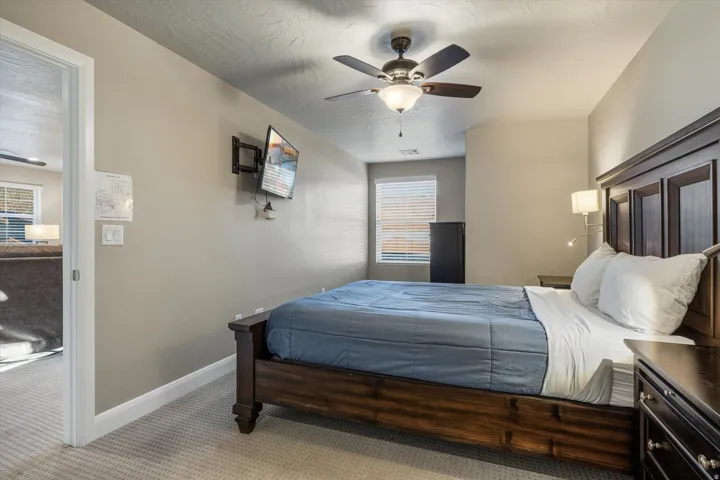 Carpeted flooring, ceiling fan with light fixture, window with blinds, and wall-mounted television