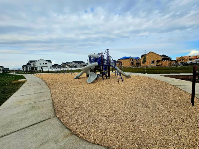 Community playground featuring a multi-level play structure, swing sets, and wood chip surfacing