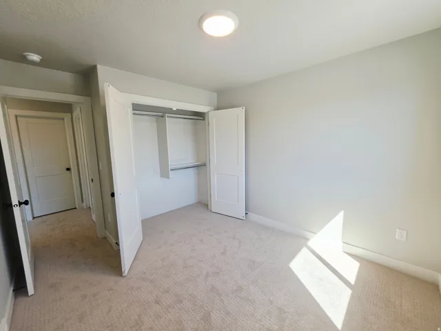 Light gray wall paint, carpet flooring, a flush mount ceiling light, and white bi-fold closet doors with built-in shelving