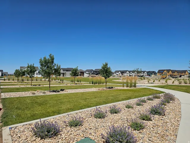 Manicured green spaces with mature trees and a paved walking path