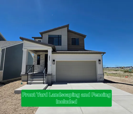 Contemporary architectural style with a covered entry, stone facade accents, and a two-car garage
