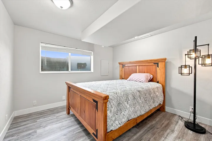 Wood-finish flooring with white trim
