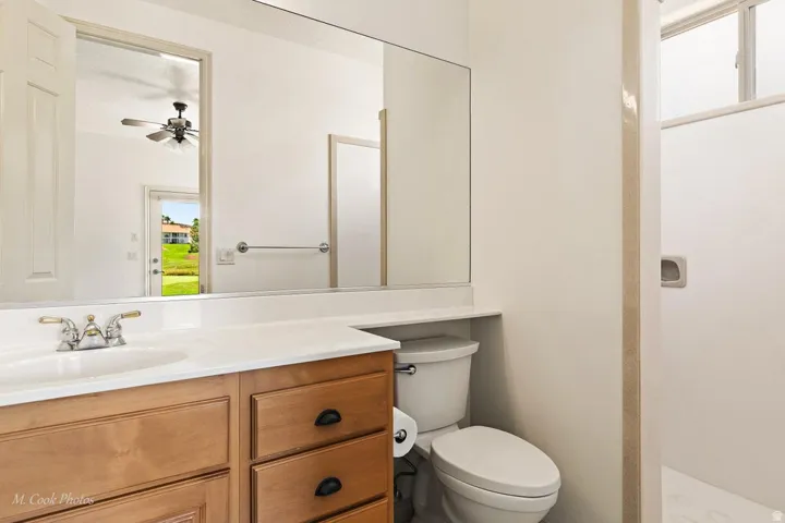 Vanity with a single basin sink and brushed nickel faucet, wood-finish cabinetry, and a built-in toilet
