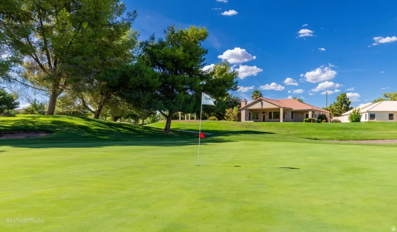 Golf course frontage with a manicured putting green and mature trees