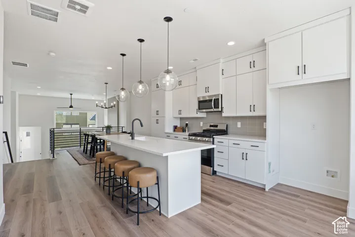 Wood-finish flooring, white cabinetry with black hardware, stainless steel appliances, a white island with an undermount sink, and a tile backsplash