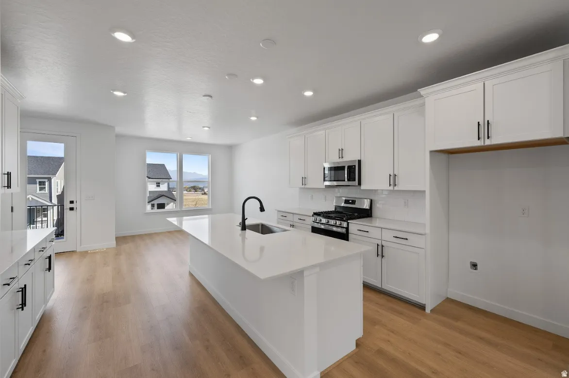 Modern kitchen featuring a large central island with an integrated sink and gooseneck faucet
