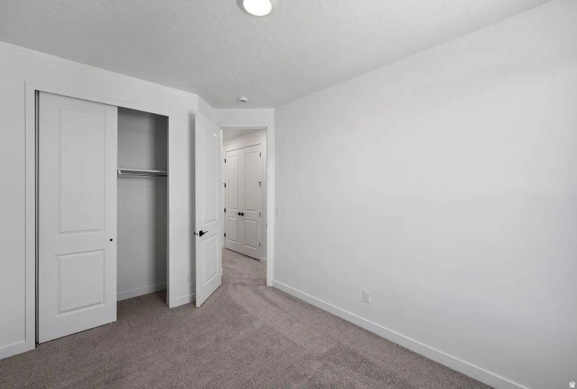 Carpeted room with white walls, baseboards, and ceiling