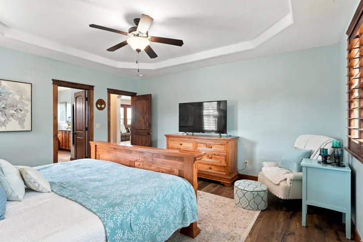Tray ceiling with crown molding, wood-finish flooring, and solid wood interior doors with matching trim