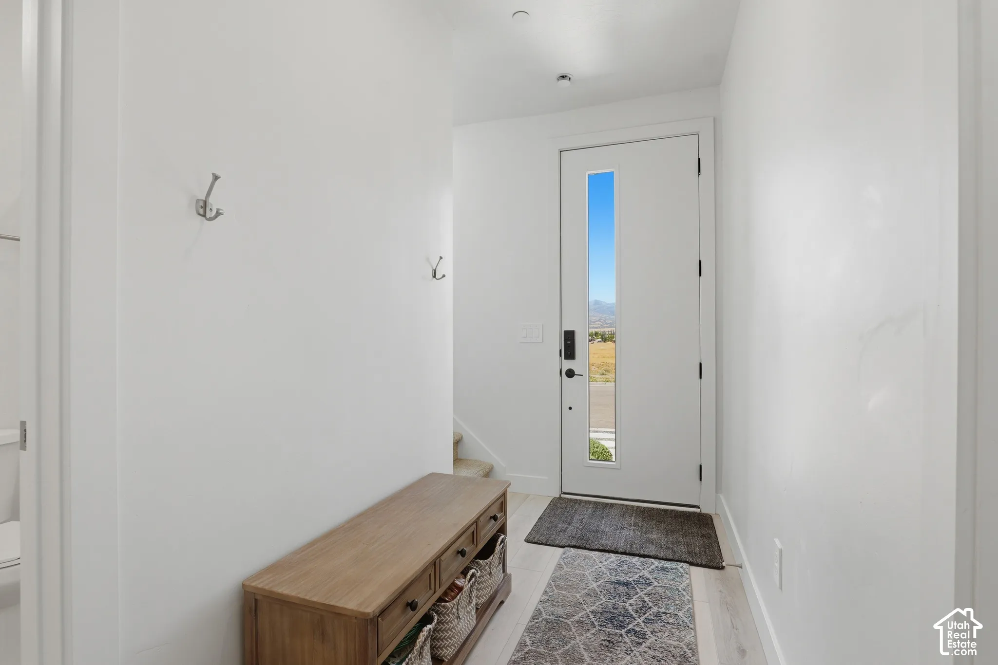 Entryway featuring a contemporary white door with a vertical glass panel and light wood-finish flooring