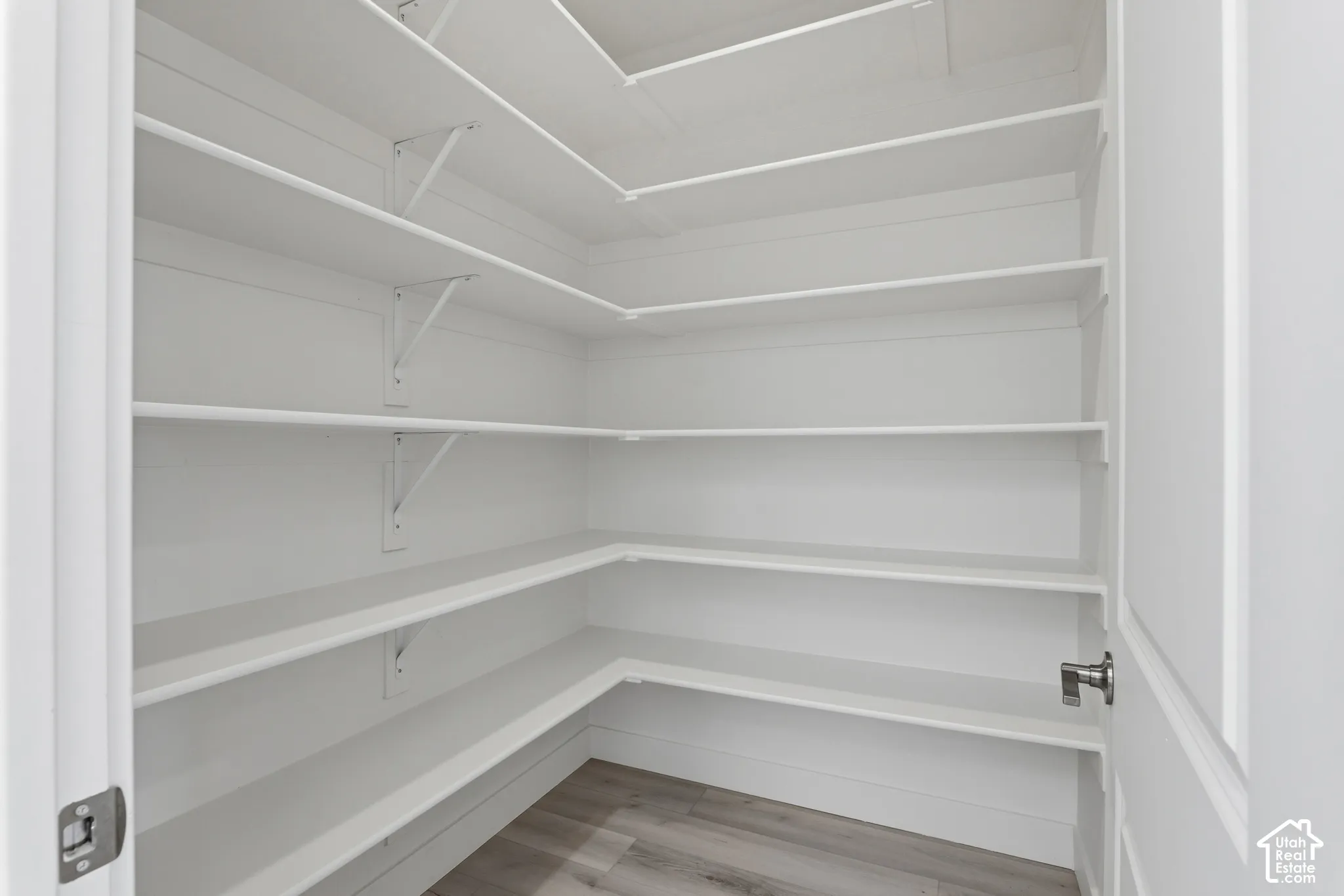 Wraparound shelving with multiple levels, wood-finish flooring, and white painted walls