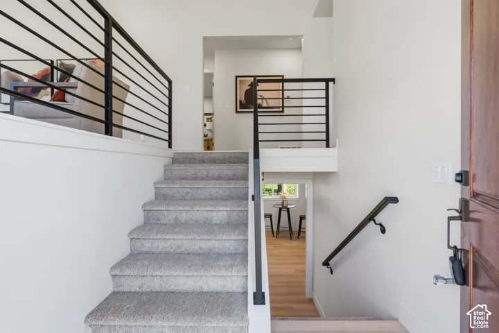 Multi-level entry with carpeted stairs and black metal railings