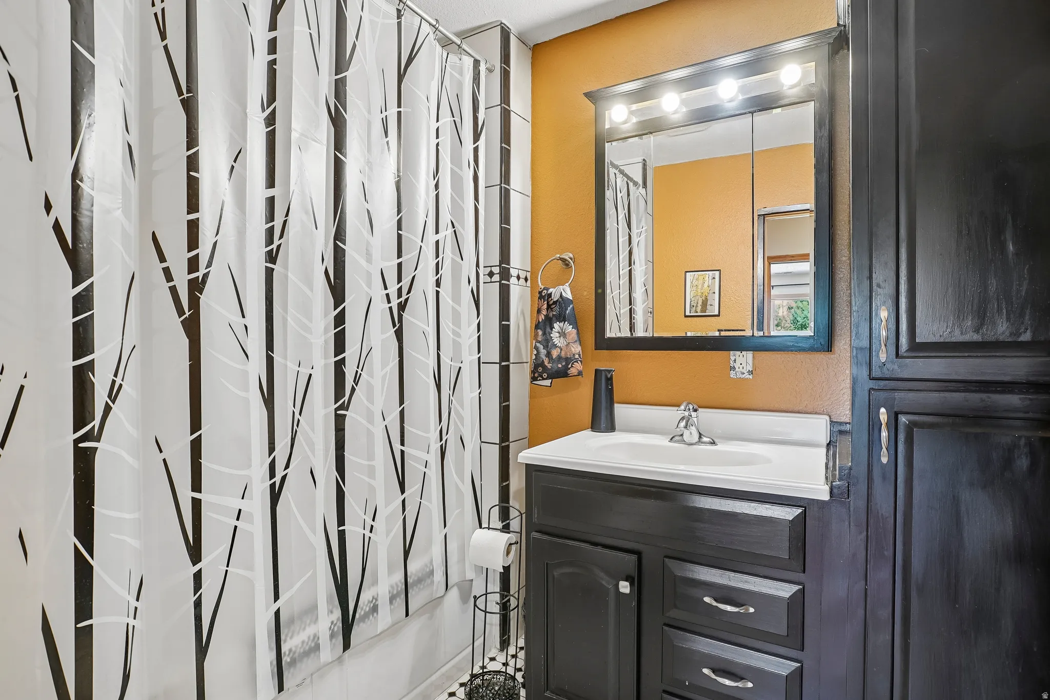 Vanity with integrated sink, wall-mounted mirror with overhead lighting, and built-in storage cabinetry