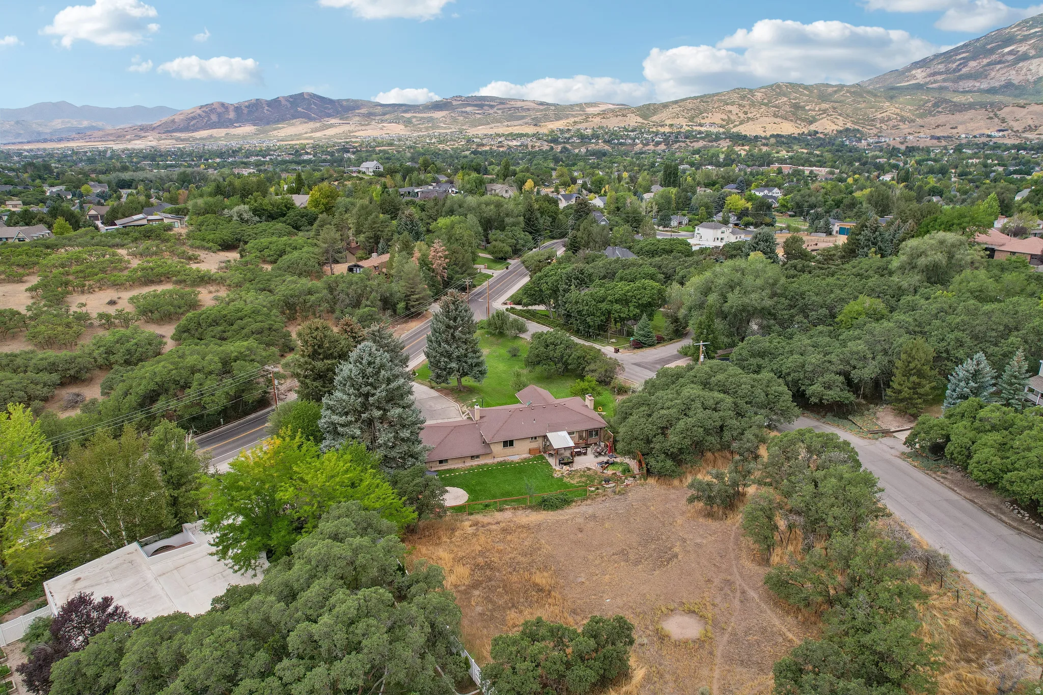 Aerial perspective showcasing a single-story residence, surrounded by mature trees and natural landscaping