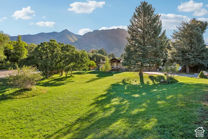 Expansive green lawn with mature trees and a mountain backdrop