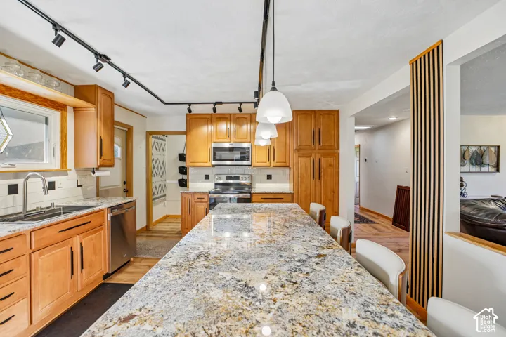 Kitchen featuring a large island with a speckled countertop, a stainless steel sink with a gooseneck faucet, light wood cabinetry, and stainless steel appliances
