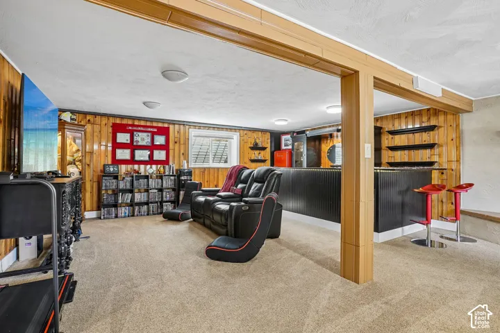 Carpeted recreation room featuring wood-paneled walls and a built-in bar with shelving