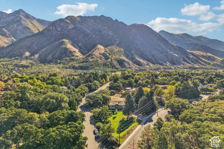Neighborhood setting with mature trees and a distant mountain backdrop