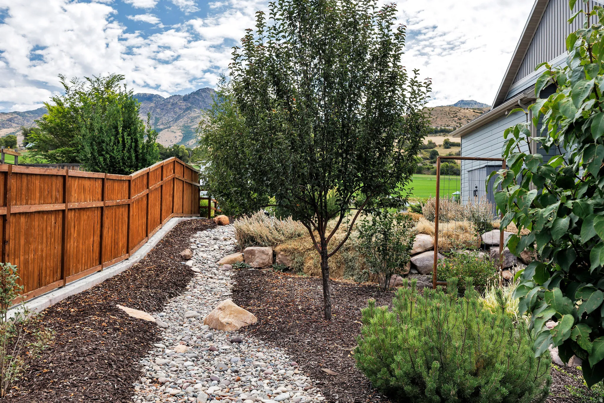Landscaped area featuring a wooden privacy fence, a gravel path, and various mature plantings