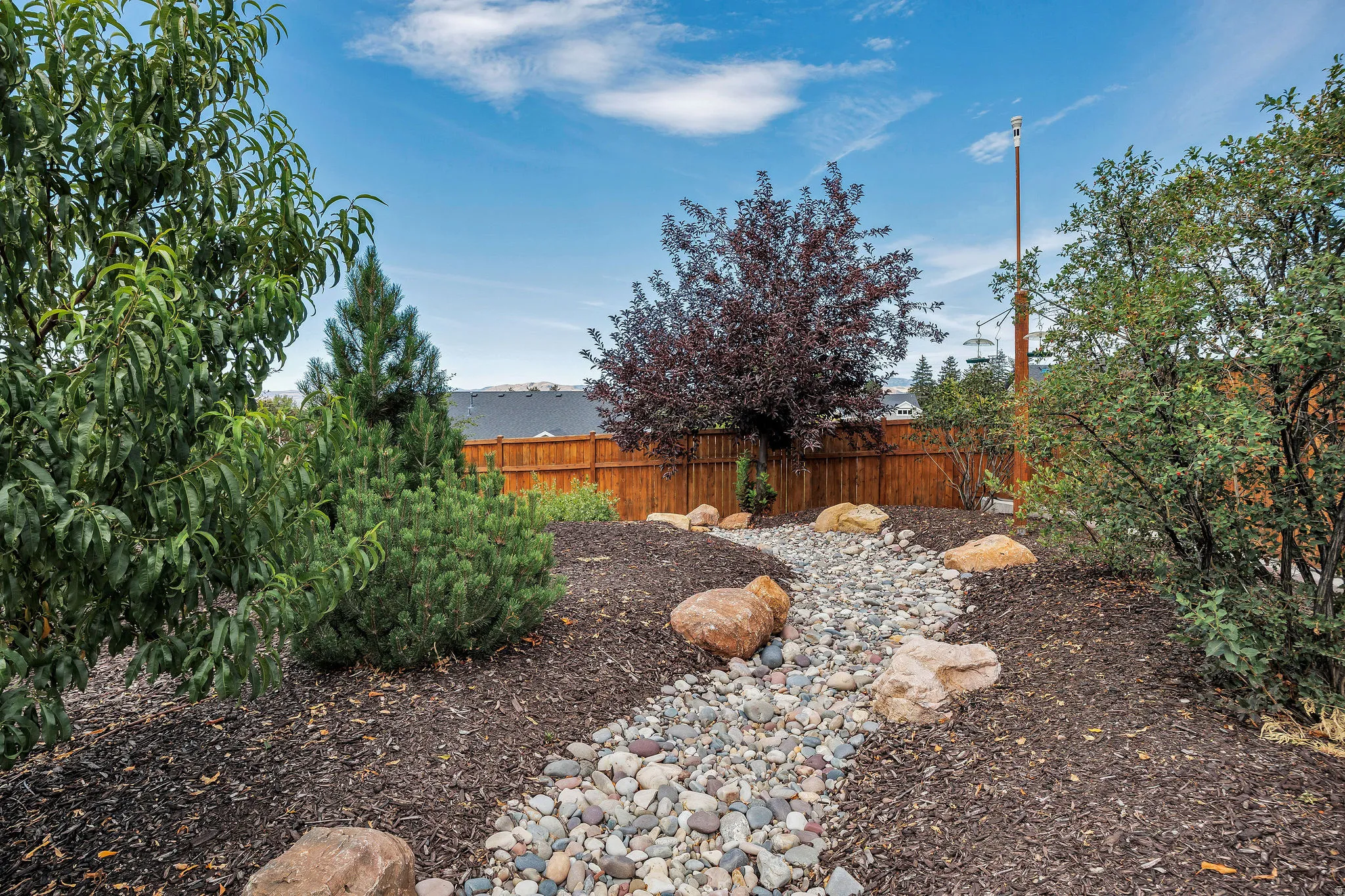 Landscape design featuring a dry river bed with river rock and accent boulders, surrounded by mature plantings and dark mulch