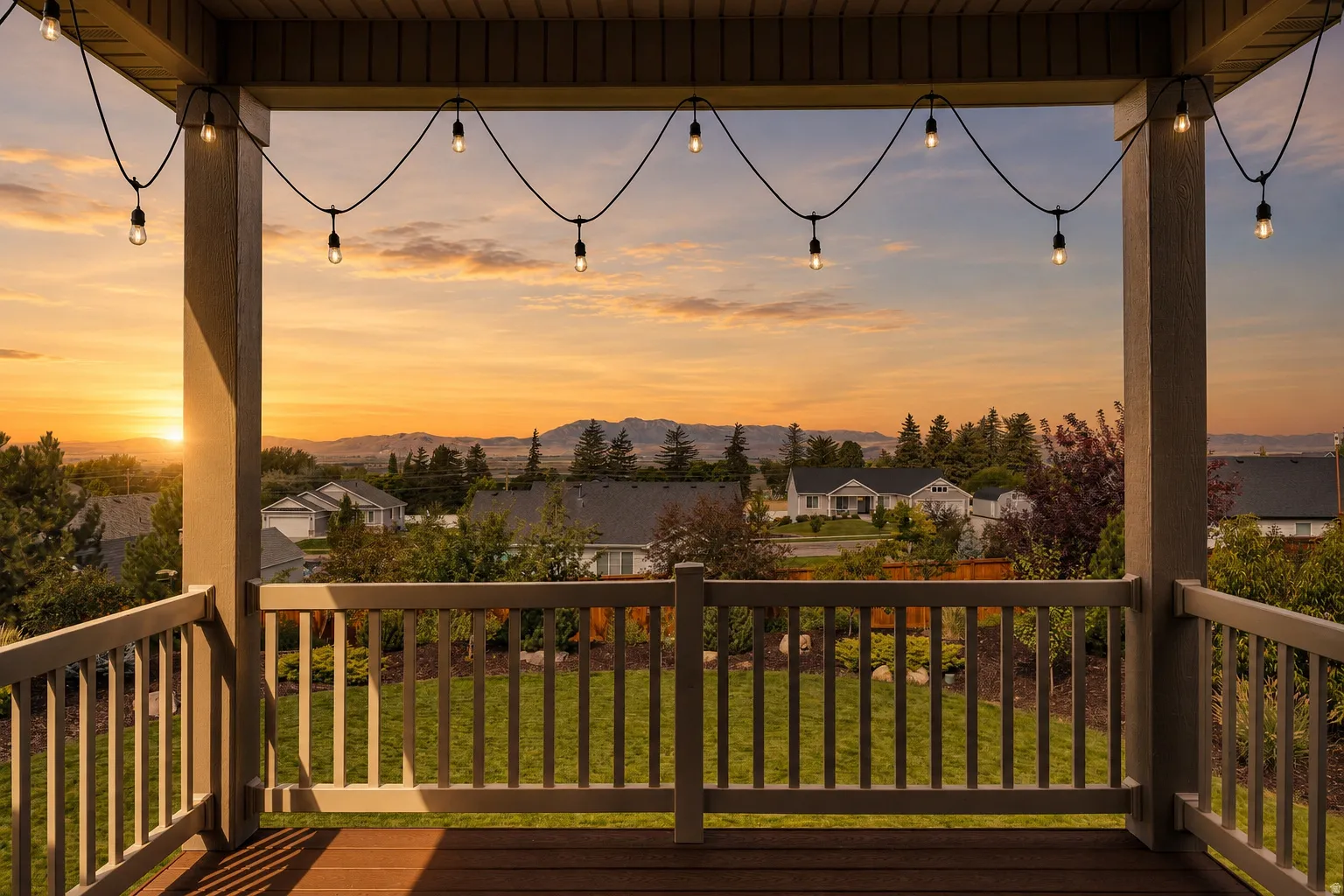 Covered outdoor deck with string lighting, wood-finish flooring, and a railing overlooking a sloped yard
