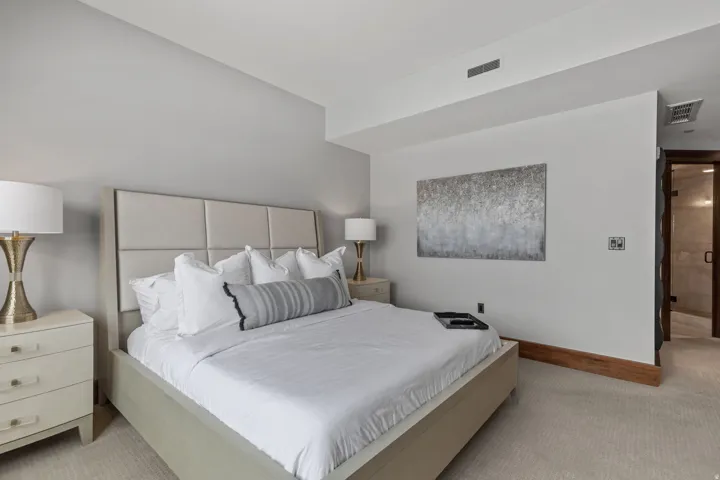 Recessed ceiling, light-colored carpeting, and light-toned walls