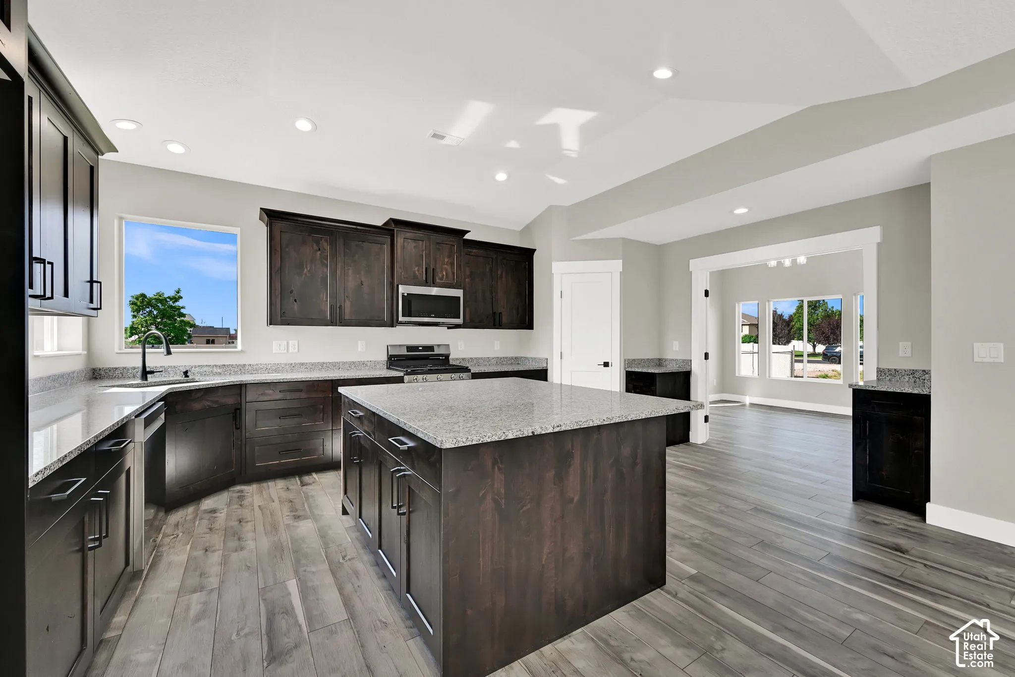 Kitchen opens to a flexible living room / dining room / study