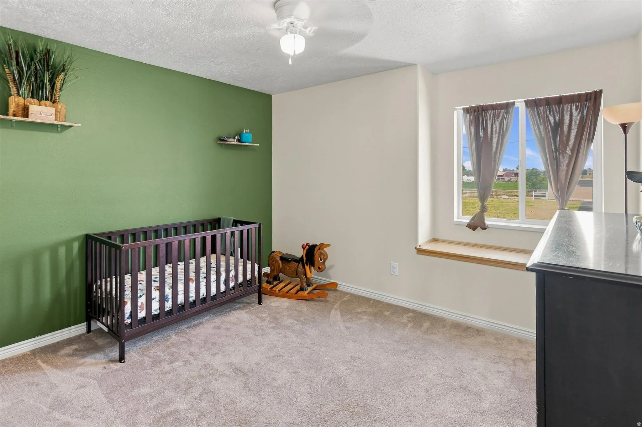 Neutral-toned carpet flooring, recessed window with wood-finish sill, and ceiling-mounted light fixture