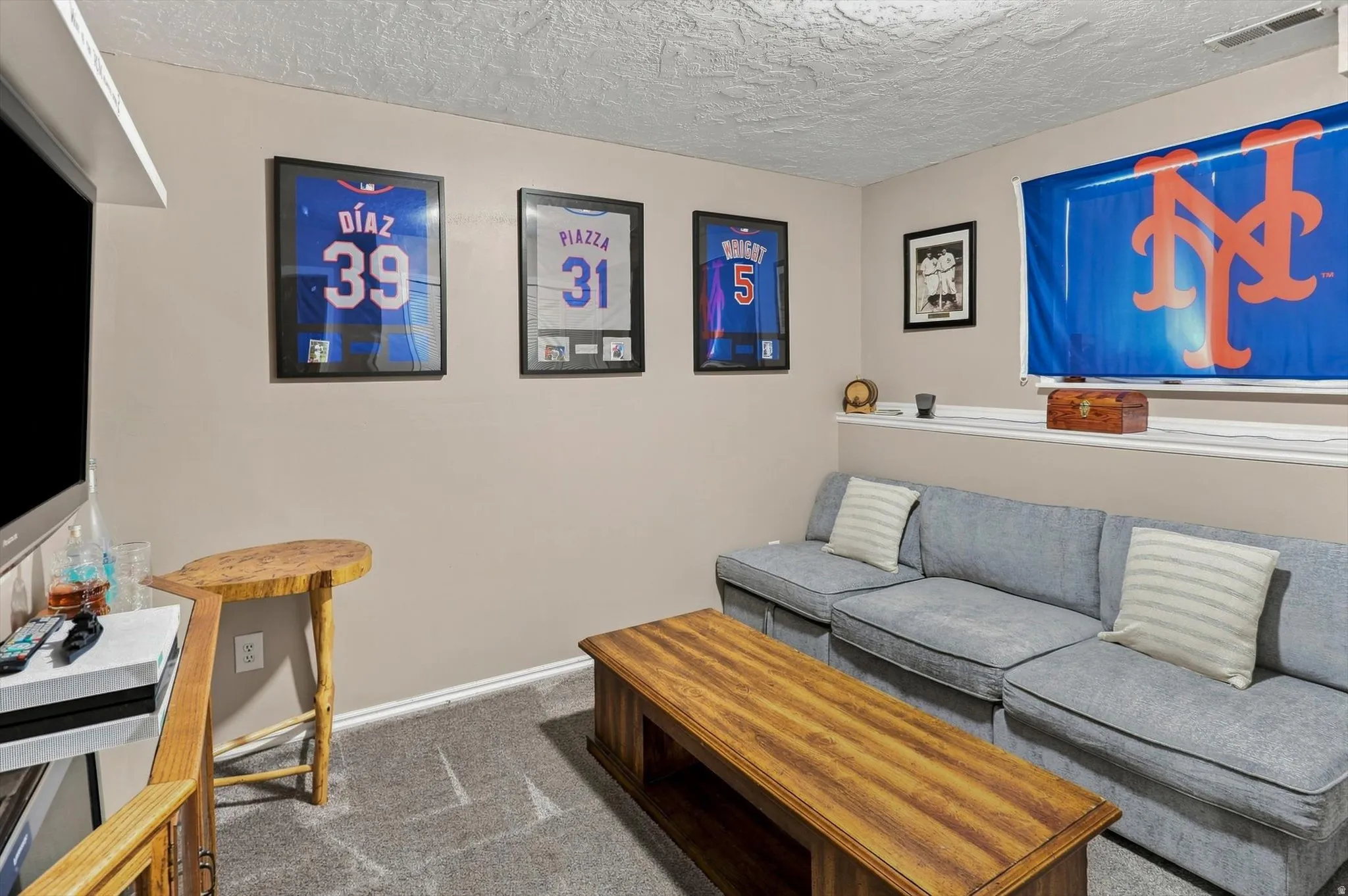 Carpeted flooring, neutral wall paint, and a built-in ledge