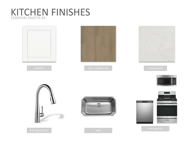 Kitchen Finishes, Essential Palette #2. Presenting the selections for cabinets, flooring, countertop, faucet, sink, and appliances for the property