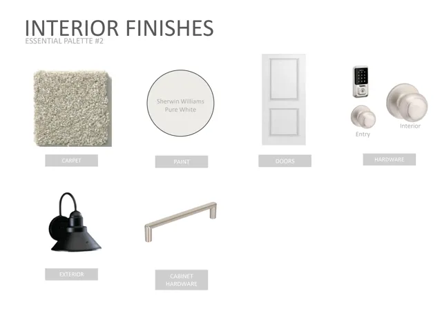 Interior Finishes Specification. Detailing selected materials and components for the property's interior and exterior elements