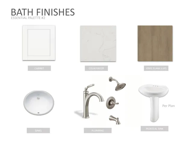 Bath Finishes, Essential Palette #2. Presenting material and fixture selections for the property's bathing areas