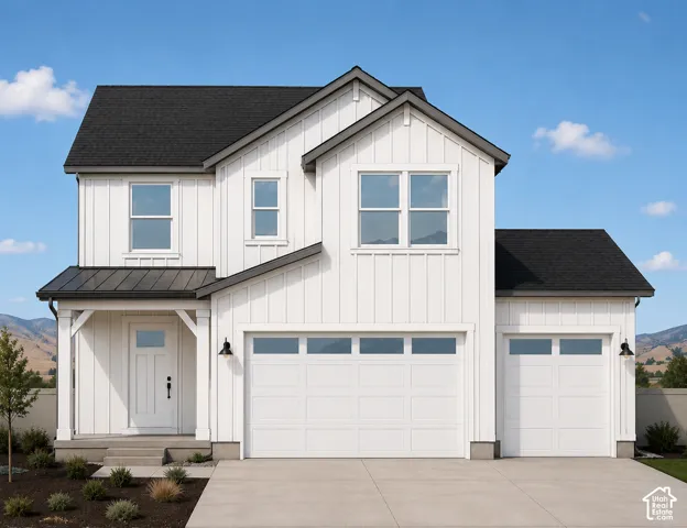 Modern farmhouse exterior featuring vertical siding, a covered entry with a solid door, two white garage doors with upper windows, and dark-framed windows