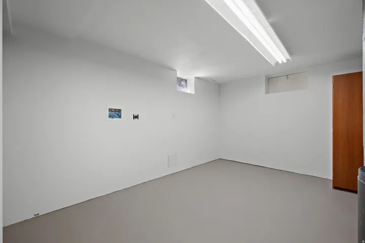Recessed window, wood-finish door, overhead fluorescent lighting, and painted concrete flooring