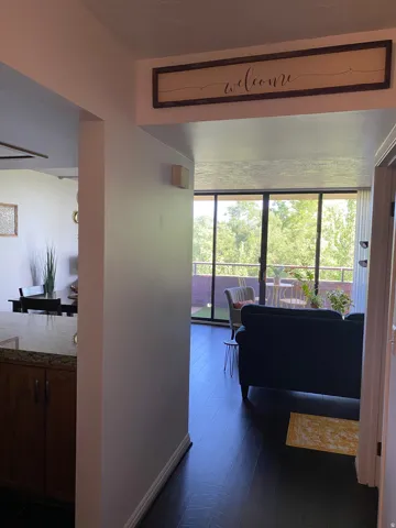 Dark wood-finish flooring extending into living area