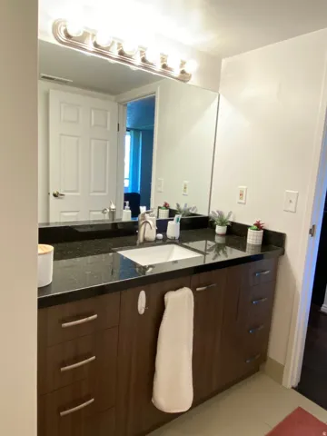 Modern vanity with a dark wood-finish cabinet and brushed nickel hardware