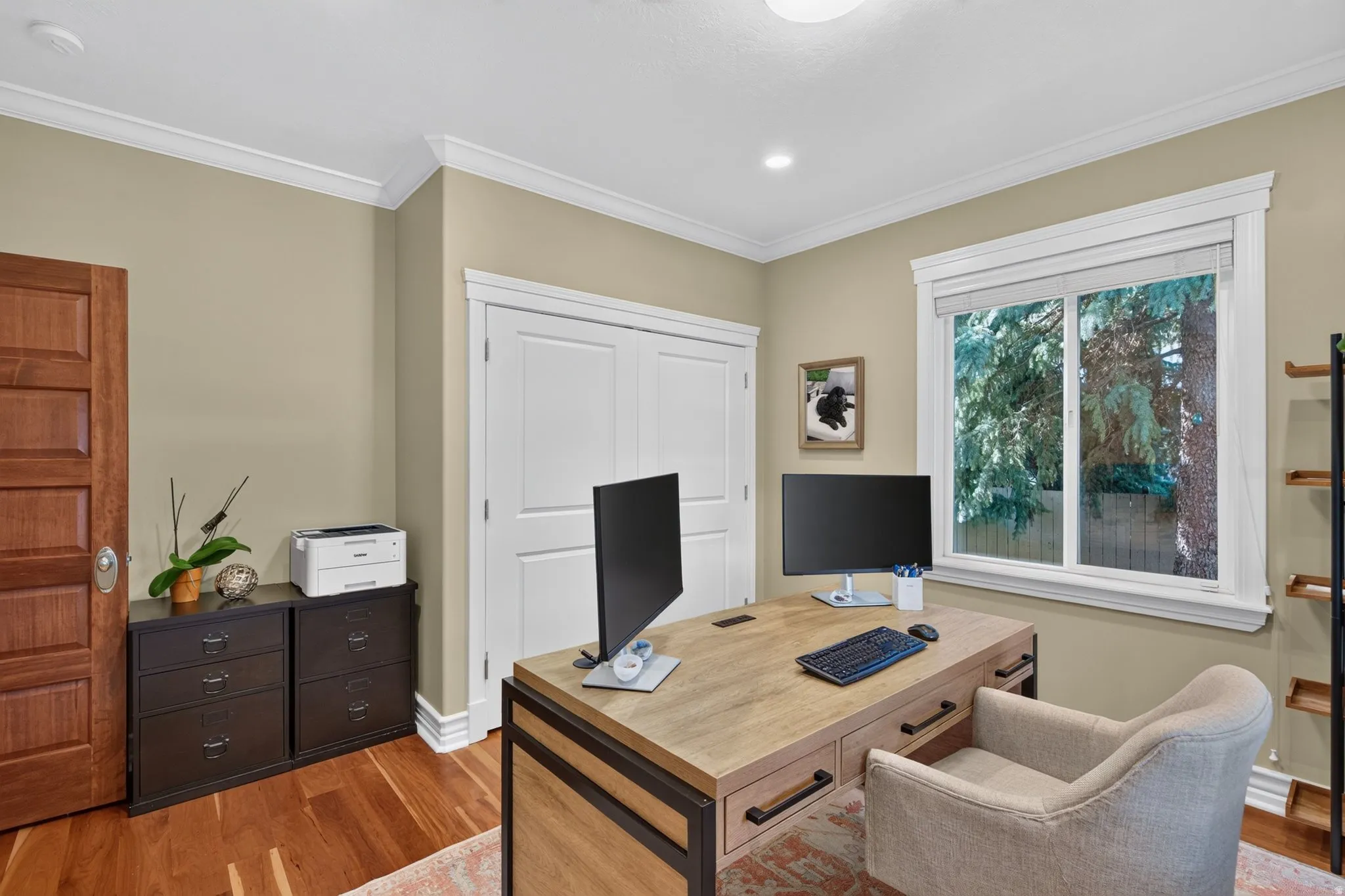 Rich wood-finish flooring, a solid wood paneled door, and white crown molding