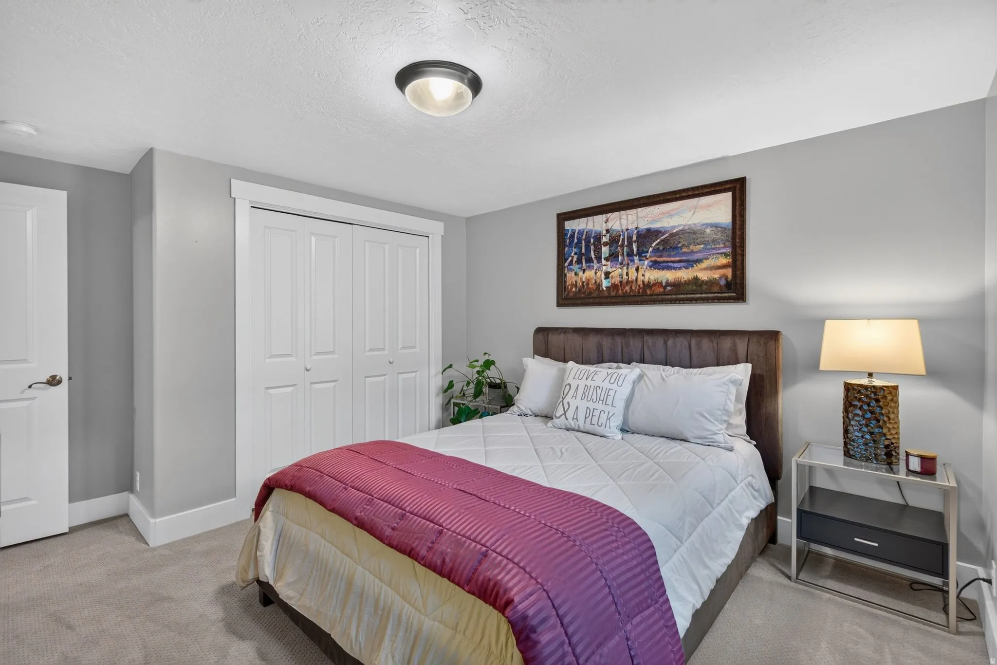Neutral gray wall paint, recessed ceiling light, white bi-fold closet doors, white trim, and gray carpet flooring