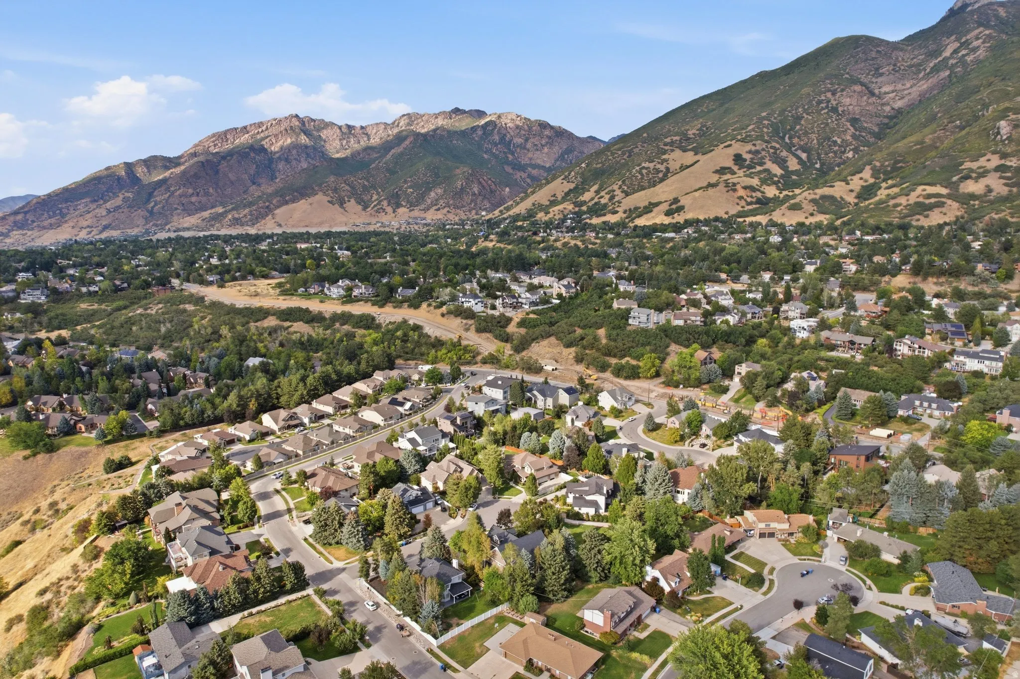 Expansive residential area featuring established homes, mature trees, and mountainous terrain